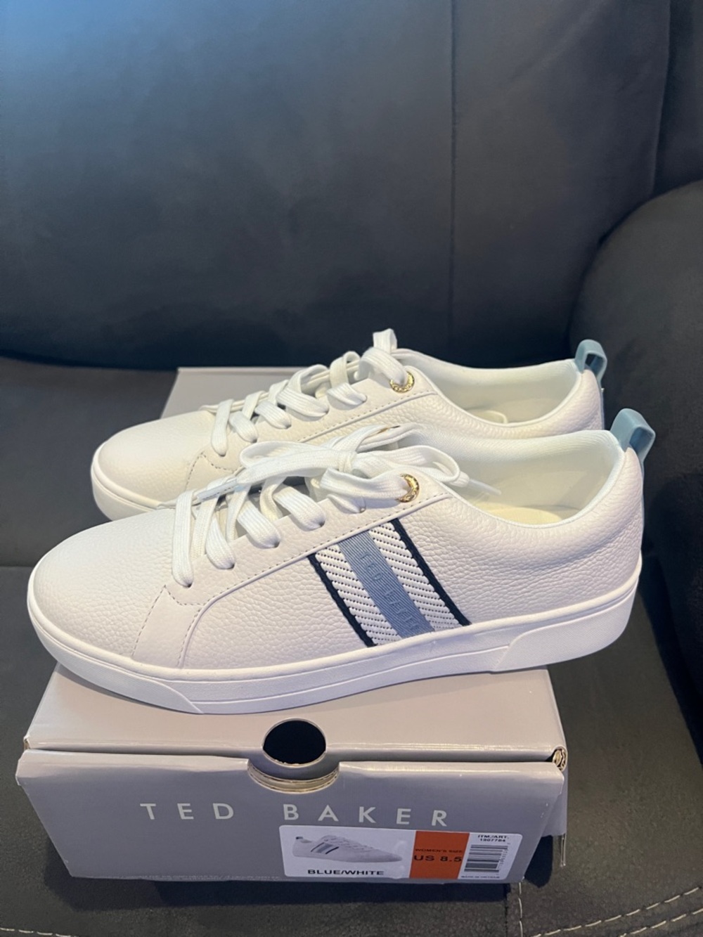 Ted Baker White Sneakers with Navy and Light Blue Stripes - Picture 2 of 4